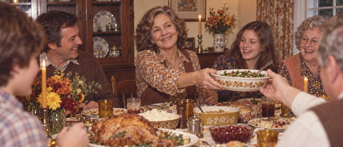 Eleanor passing a dish around the family table in 1979