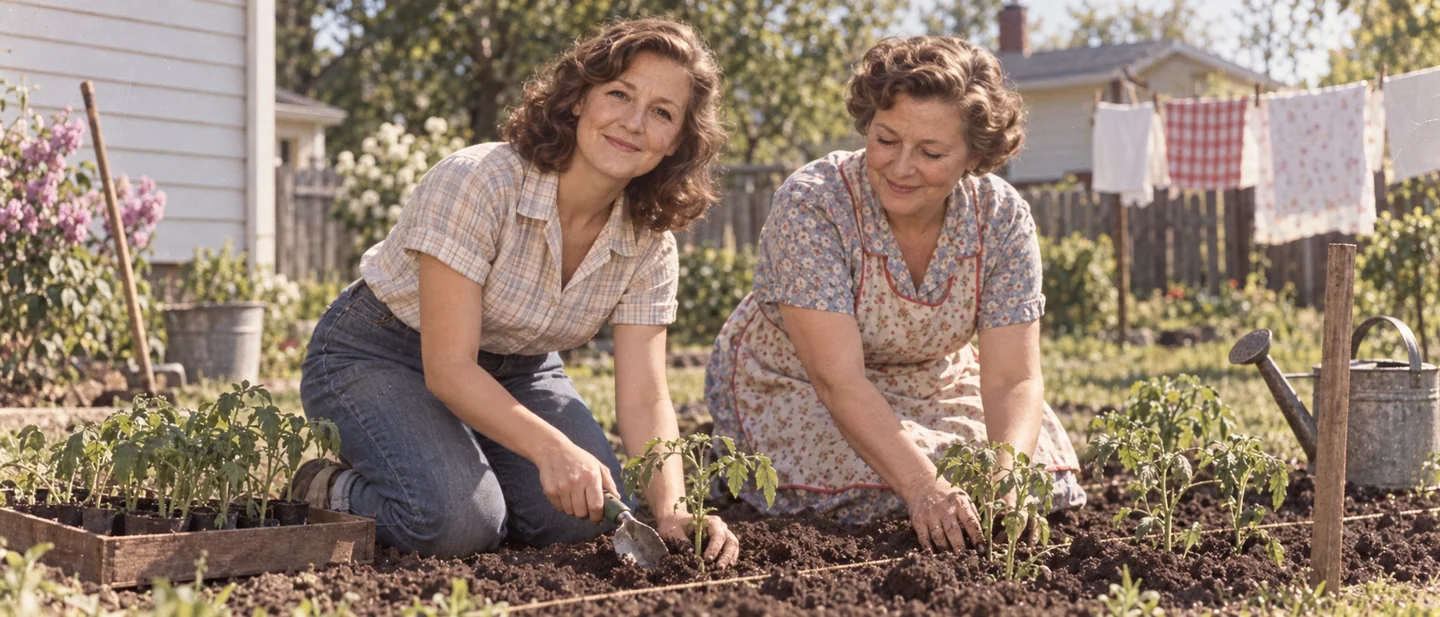 Young Eleanor planting tomatoes with her mother in 1956