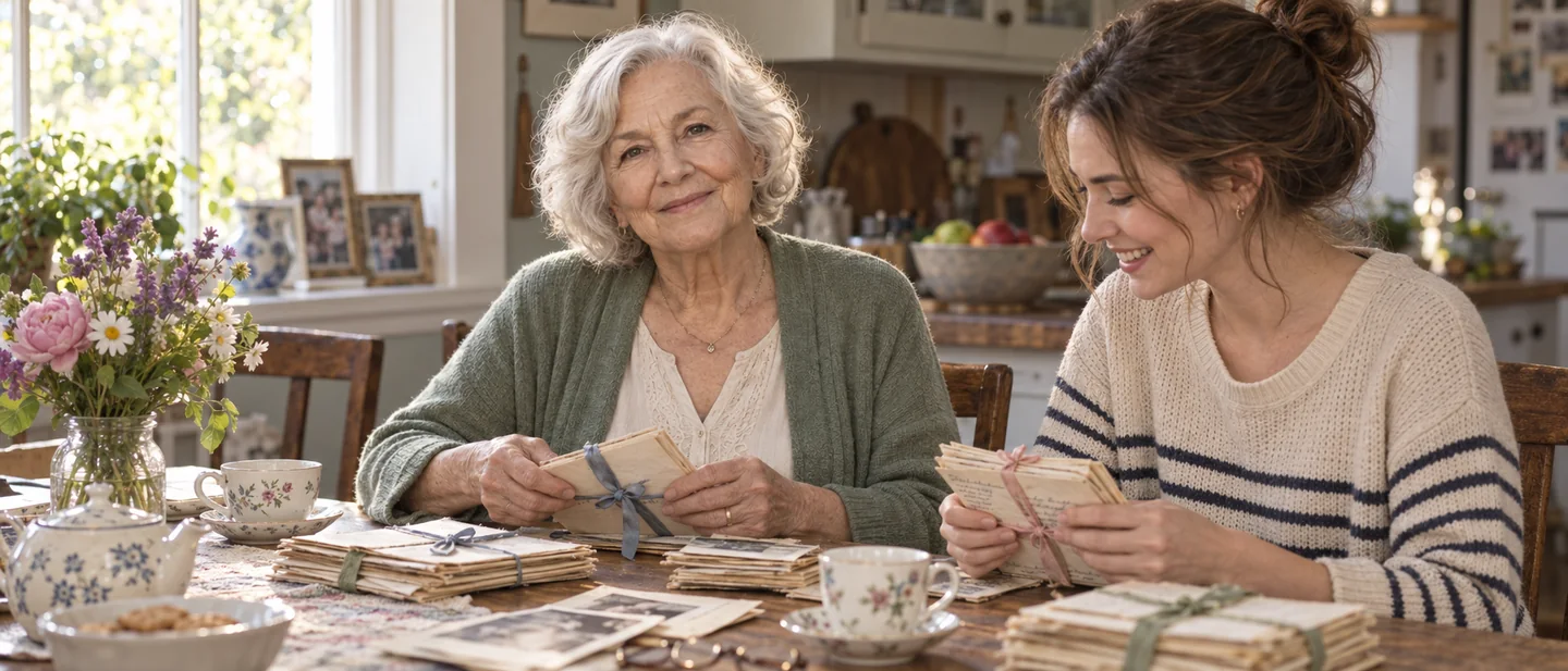 Eleanor sorting family letters with her granddaughter in 2014